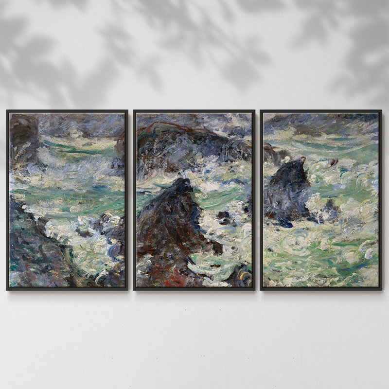 Tempête sur la côte de Belle - 3 pièces, reproduction sur toile, Noir, H 36 po x l 75 po x P 2 po
