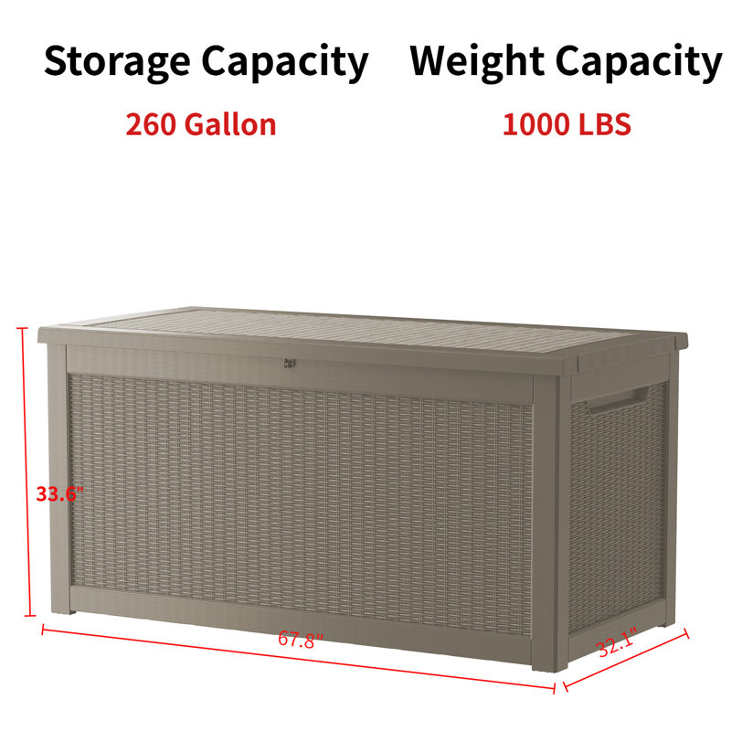 Boîte de rangement pour terrasse verrouillable en résine résistante à l'eau 260 gallons l 67,8 po, Brun pâle