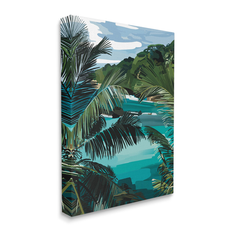 «Tropical Ocean Inlet Lush Palm Tree Hills» par Amelia Noyes - Peinture, H 20 po x l 16 po x P 1,5 po, Toile tendue
