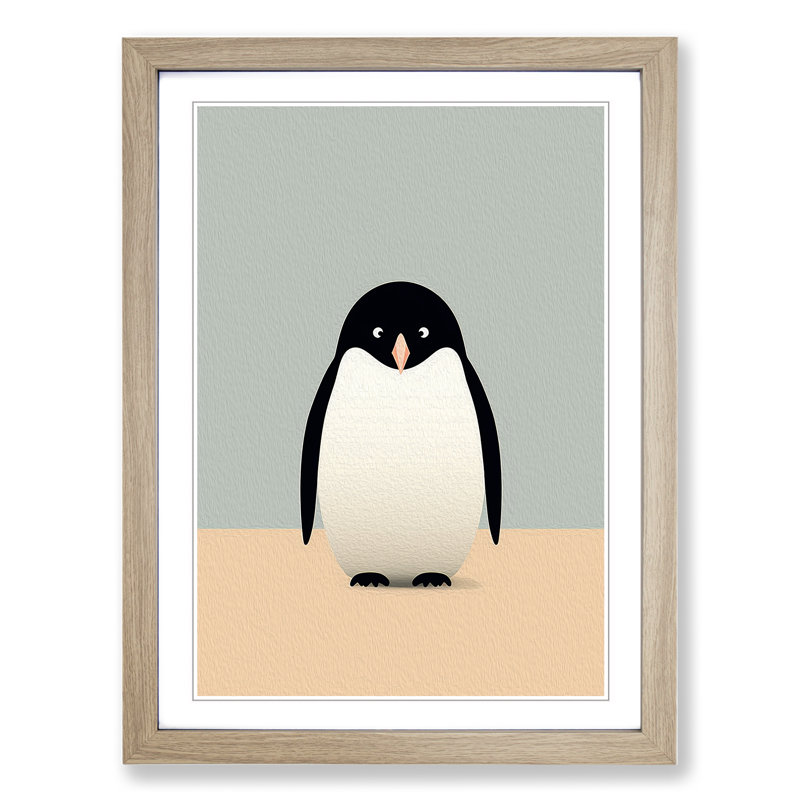Penguin Minimalism - Single Picture Frame Print on Wood, 34cm H x 25cm W x 2cm D, Oak Framed