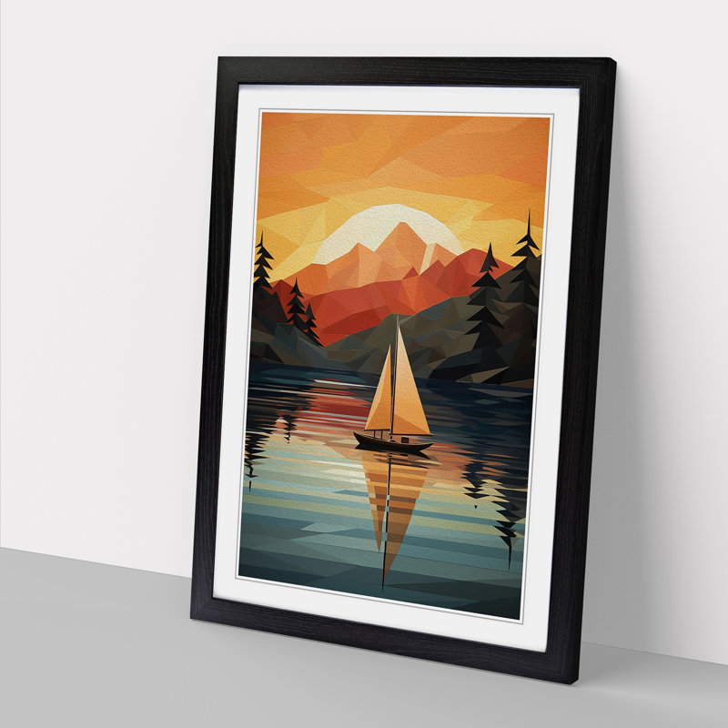 Boat on a Lake Geometric Art - Framed Print, Black, 34cm H x 25cm W x 2cm D