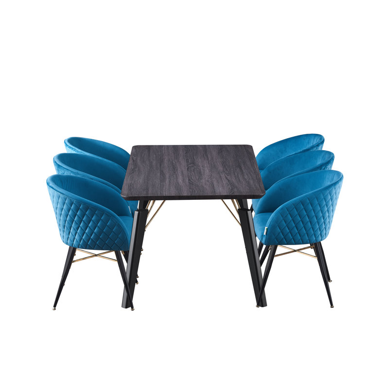Goddard 6 Person Dining set - a Rectangular Wooden Dining Table with Metal Legs and a Set of 6 Quilted Velvet Dining Chairs for Dining Room - Modern Dining Table Set