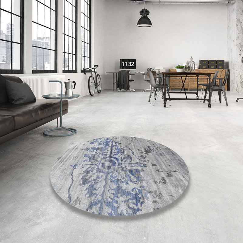 Tapis contemporain gris / bleu, Rond 4 pi