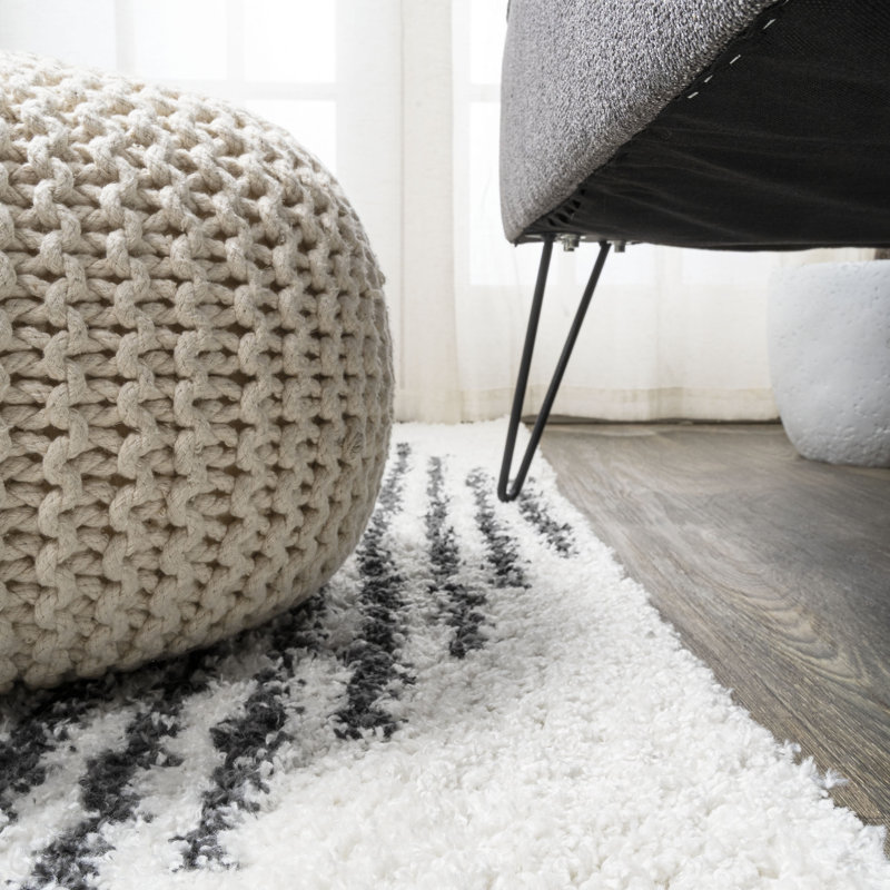 Collenn Diamond Stripe Geometric Shag White/Gray Rug, Runner 2' x 10'