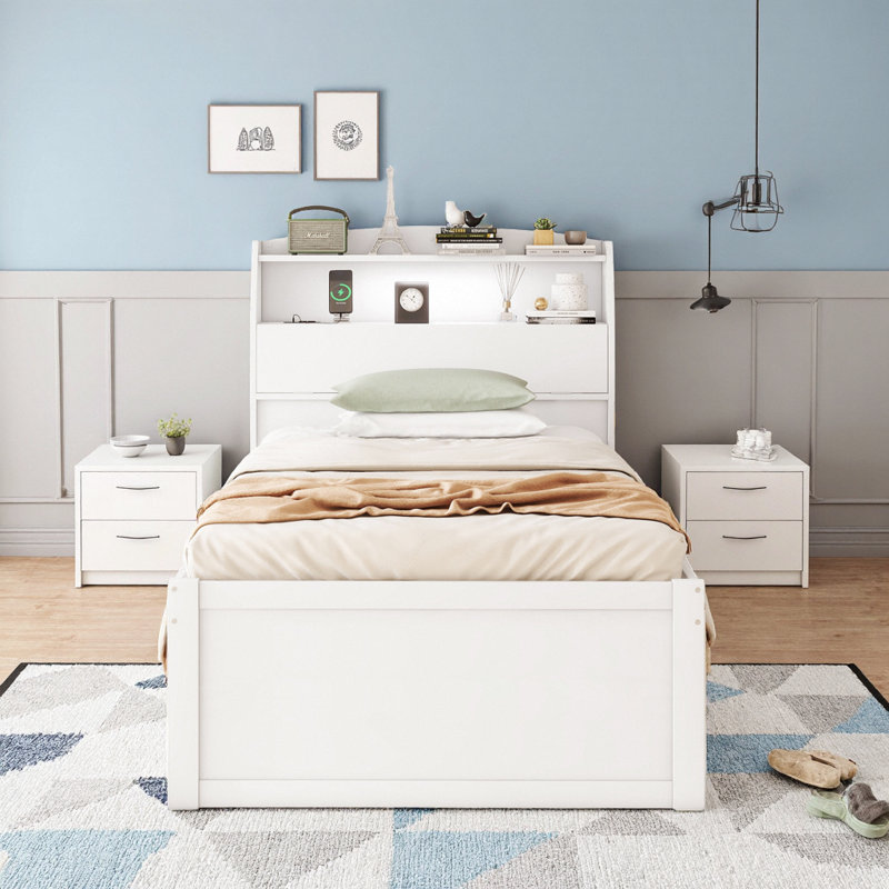 Lit plateforme simple à DEL avec tête de lit, lit gigogne escamotable et tiroirs sous le lit - Blanc, solution peu encombrante