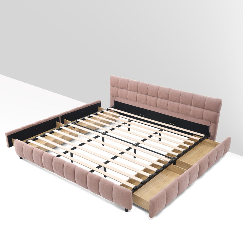 Structure de lit tapissier moderne minimaliste avec tête de lit tapissier en chenille, support en mousse à mémoire de forme et rangement intégré