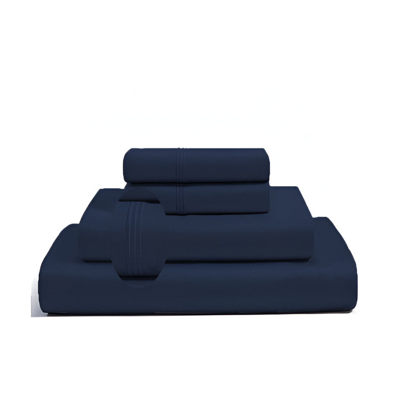 400TC Luxurious Triple Embroidery Sateen Solid Cotton 4 Piece Sheet Set Fitted Sheet Fits Upto 16" Deep Pocket, Navy Blue