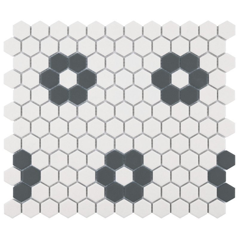 Gotham 1" Hex White with Black Flower 10-1/4" x 11-3/4" Porcelain Mosaic Tile