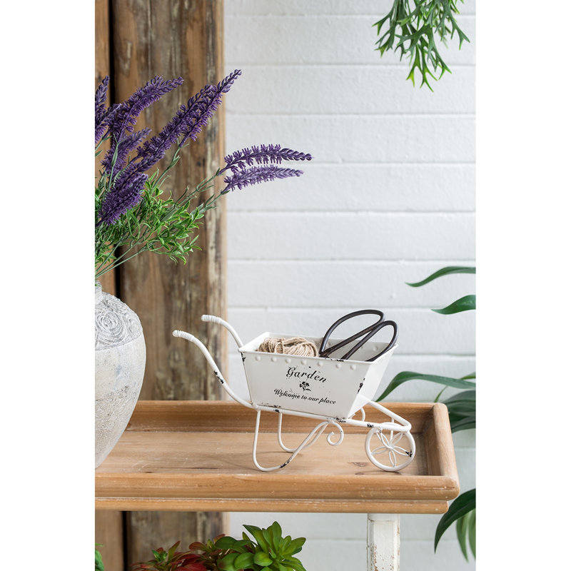 4 pouces de large, blanc antique, jardinière brouette patinée, décor, fausses fleurs, petits outils, plantes grasses fraîches