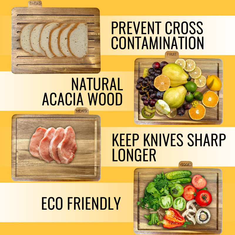 Acacia Wood Rectangular Cutting Board Set with Black Stand