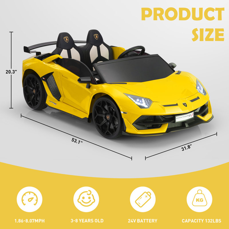 Voiture de dérive légère 24 V Lamborghini, 2 places à piles avec interrupteur haute / basse vitesse, fonction de démarrage lent, MP3, USB, pour enfants de 3 à 8 ans, jaune