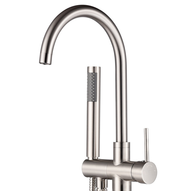 Double Handle Floor Mounted Freestanding Tub Filler With Handshower, Brushed Nickel