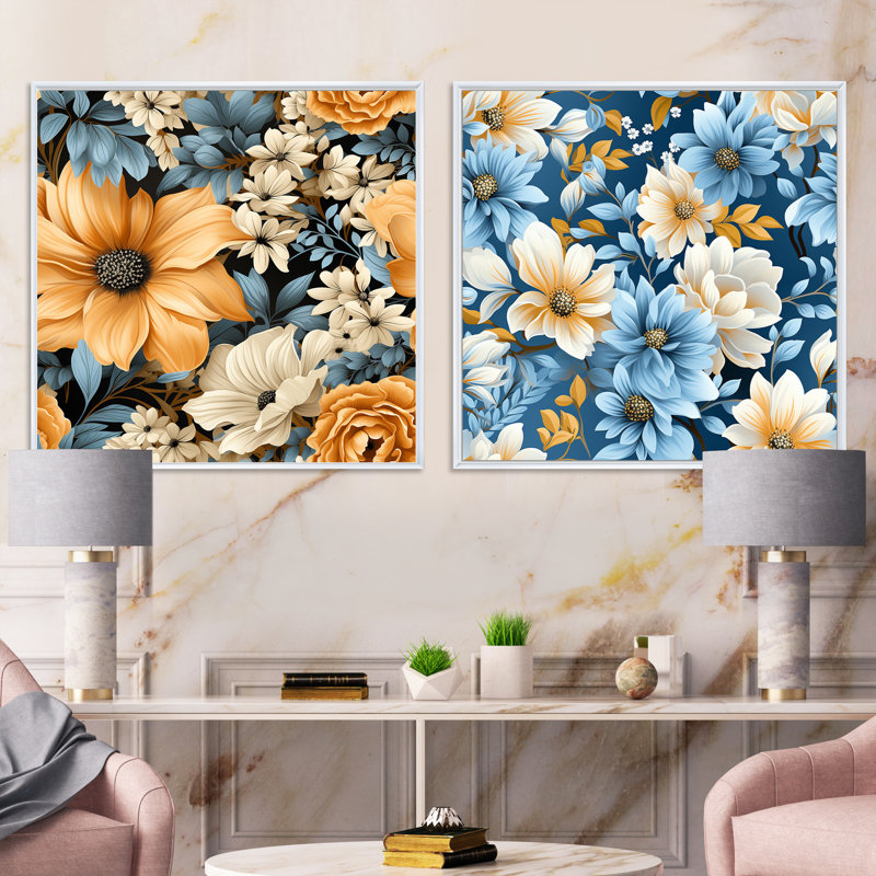 Ensemble de 2 fleurs jaunes et bleues de style campagnard, Cadre flottant blanc, H 36 po x l 73 po