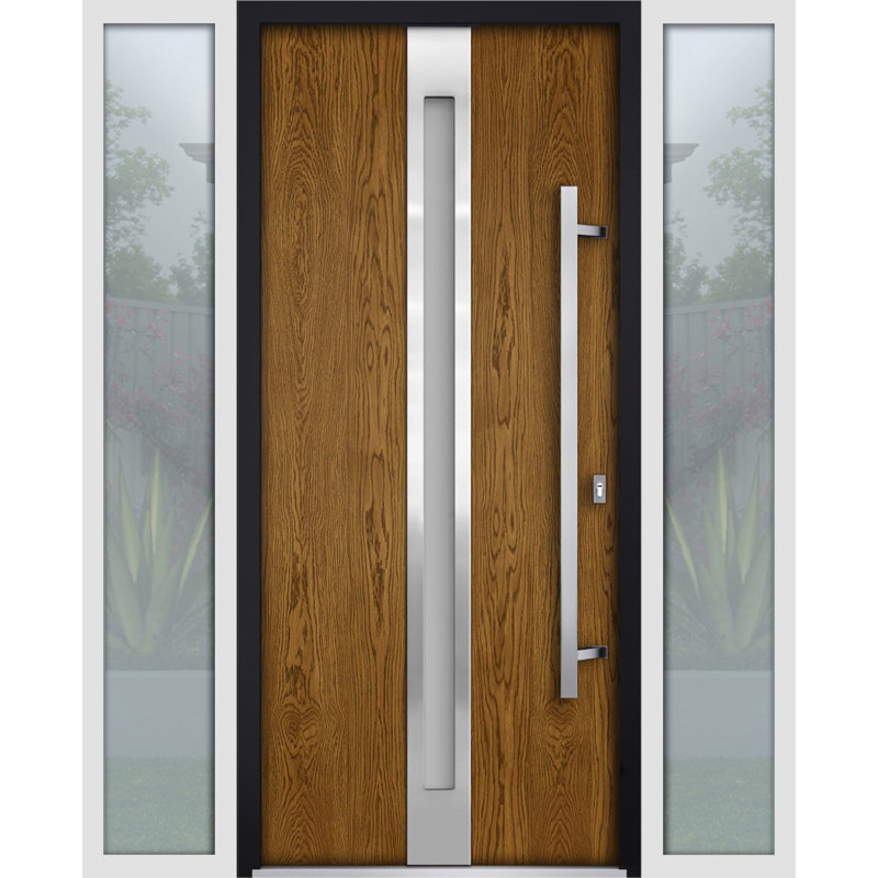 Porte avant en acier pré-suspendue à l'avant / deux en chêne naturel 1744/2 fenêtres latérales blanches à l'extérieur / inserts en acier inoxydable simples peints modernes - l 14 + 36 + 14 po x H 80 po - À gauche
