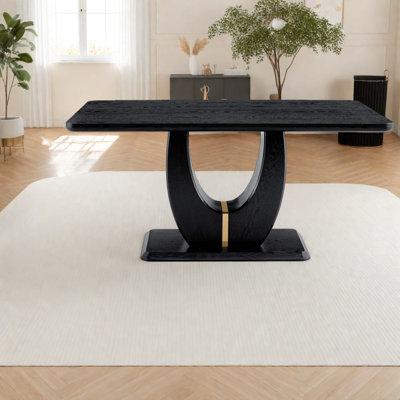 Modern Mdf Wood Dining Table, Black Grain, For Home And Terrace