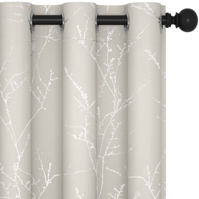 Silver Tree Branches Printed Pattern Blackout Grommet Curtains (Set Of 2), Light Beige, 42" W x 84" L