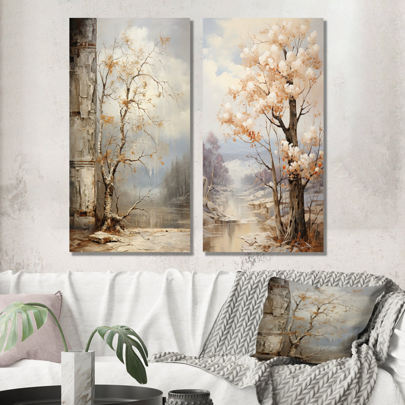 Chêne discret en automne - ensemble de 2 reproductions d'art en métal, H 28 po x l 24 po