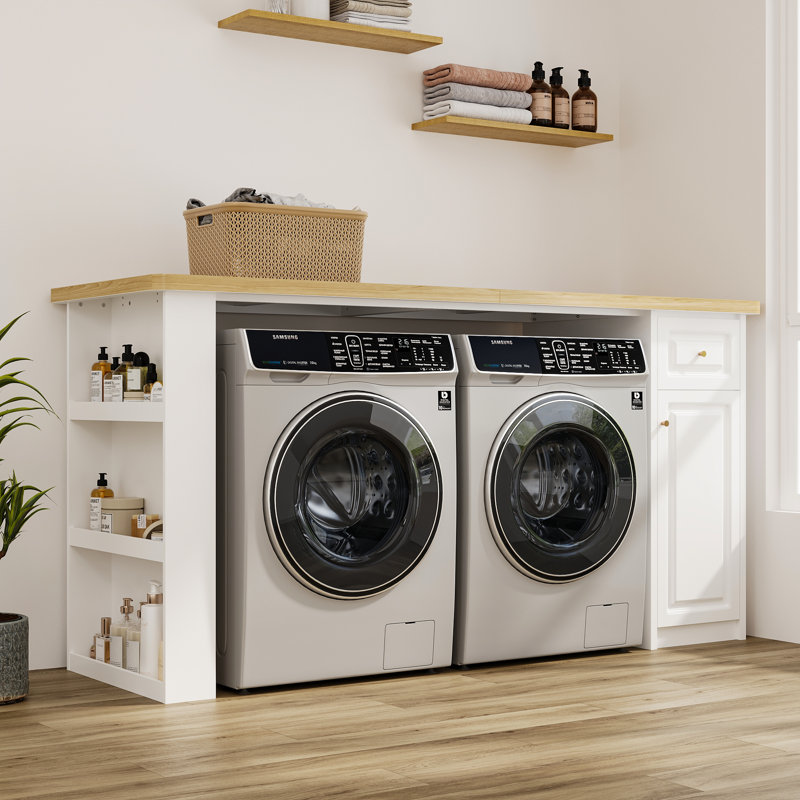 Washer Dryer Storage Table With Shelves And Drawer For Laundry Room