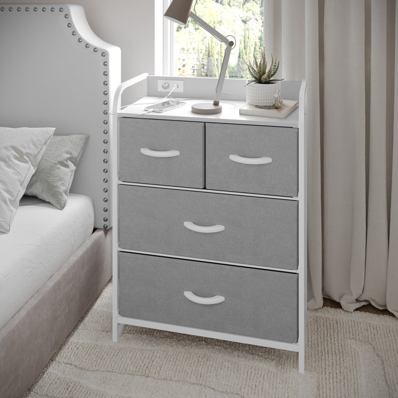4 Fabric Drawer Nightstand With 2 USB Port And 1 Outlet Charging Station, Grey