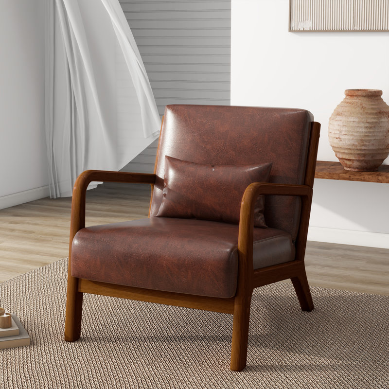 Jyrin 65.5Cm Wide Armchair, Dark Brown Wood, Light Brown Faux Leather
