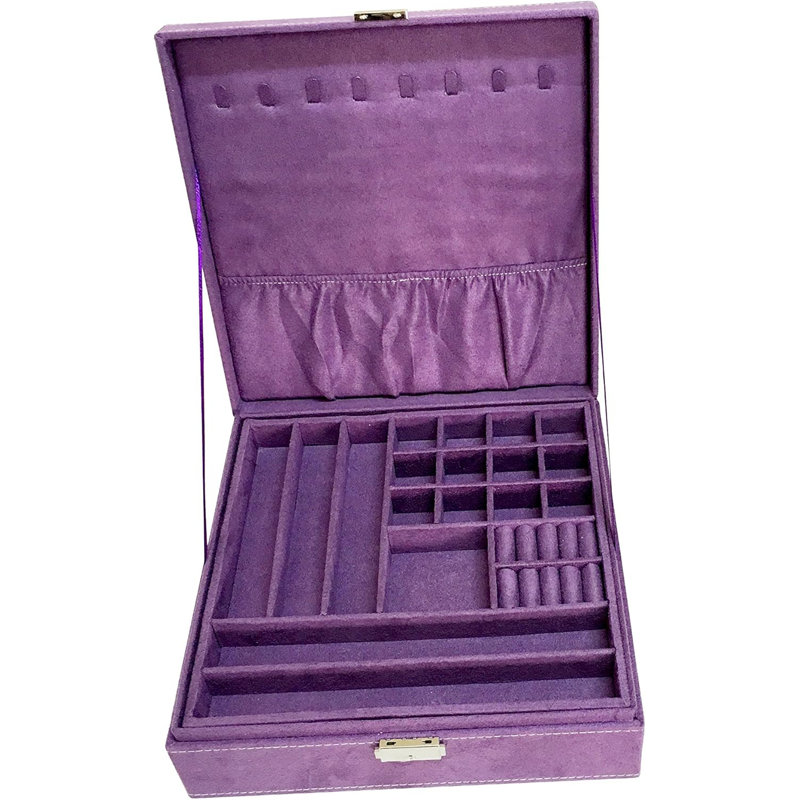 Purple Two-Layer Lint Jewellery Box Organizer Display Storage Case With Lock