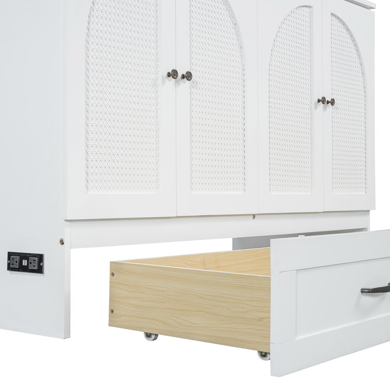 Grand lit escamotable avec grands tiroirs, blanc