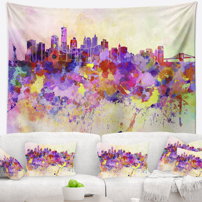 Tapisserie de skyline de new york pourpre Cityscape, H 50 po x l 60 po