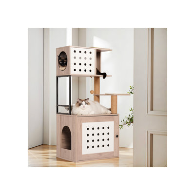 Cat Tree with Litter Box Enclosure, Large Hammock, Food Station and Scratching Posts
