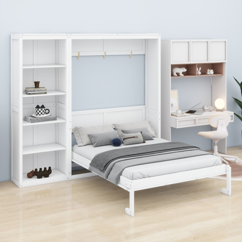 Lit escamotable mural Ell Elletsville avec tablettes, Blanc, Grand