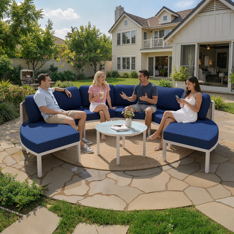 Ensemble de conversation de patio en aluminium 7 pièces avec table 7 pièces, Navy Blue