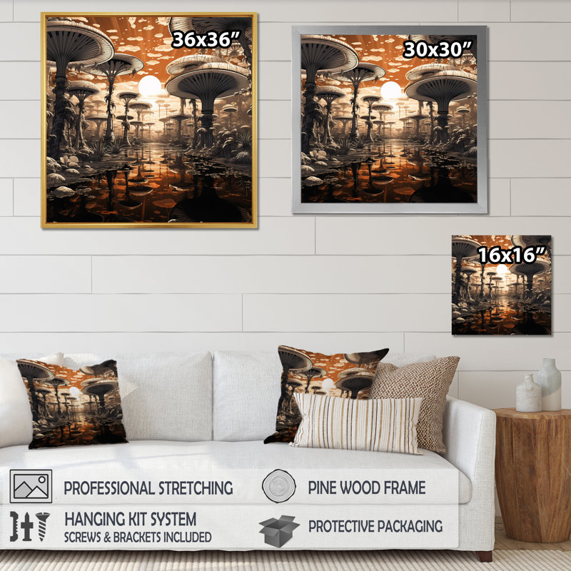 «Magic Mushroom Enchanted Forest Illustration» sur toile, Cadre flottant noir, H 30 po x l 30 po x P 1 po