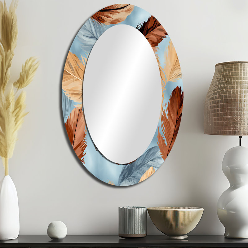 Miroir mural rétro en plumes de bohème bleu et orange II - Brun, 36 po x 24 po