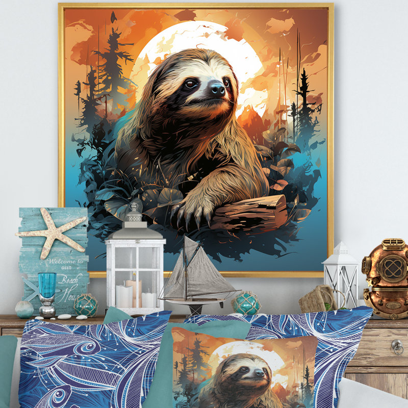 «The Serenity Of Sloth At Sunset IV» - art mural paresseux, Cadre flottant doré, H 16 po x l 16 po x P 1 po