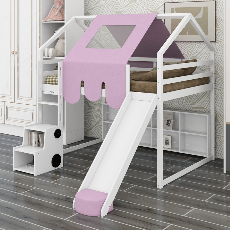 House-Shaped Loft Bed Including Tent, White+Pink