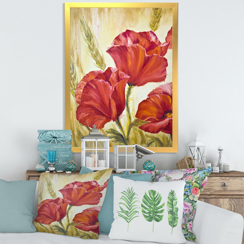 Blossoming Poppies in Wheat Fields II - peinture sur toile, H 32 po x l 24 po x P 1,5 po, Toile encadrée d'or
