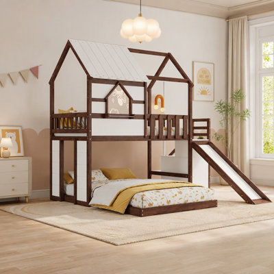 Twin Over Full Kids House Shaped Wooden Bunk Bed with Slide and Storage Staircase, Ideal for Fun and Organized Bedrooms