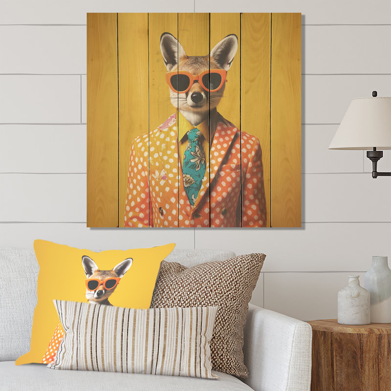 Yellow And Orange Suited Up Fox Fashion I - Fox Animal On Wood Print, 30" H x 30" W