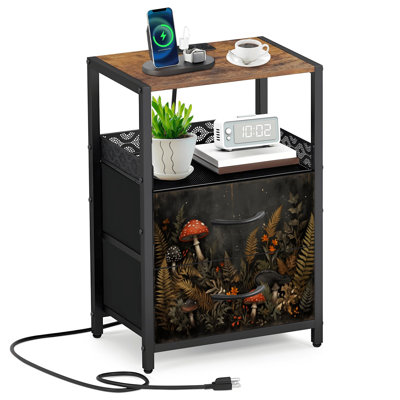 2 Fabric Drawers Night Stand with Charging Station Mushroom Boho Black Brown Mushroom Forest Vintage Mushrooms Bedroom Bedside Table End Table with Open Shelf USB Ports and Outlets