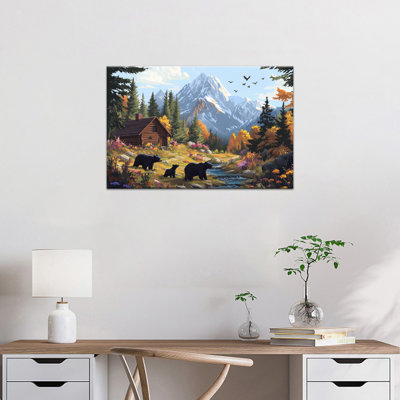 Ours, art mural sur toile, famille noire, forêt, montagne, chalet, automne, paysage, ours, décorations pour la vie sauvage, art mural, impressions sur toile, affiche d'art encadrée