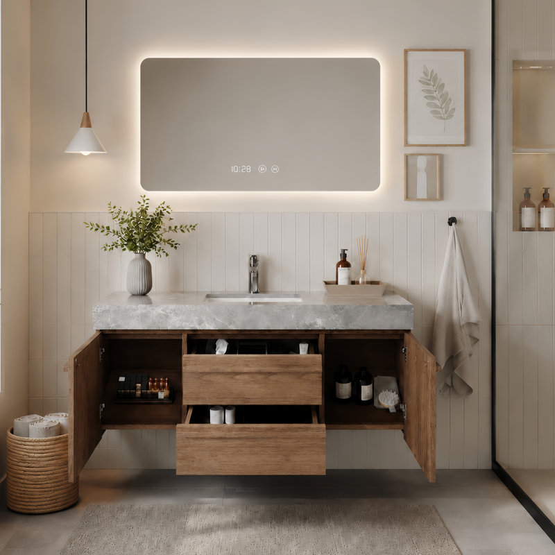 Meuble-lavabo mural 47 po avec lavabo intégré, armoire à grain de bois moderne et comptoir à aspect marbre, rangement à fermeture en douceur
