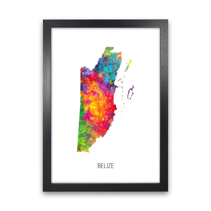 Belize Watercolour Map by Michael Tompsett - Print, Black Framed, 34cm H x 25cm W x 3cm D