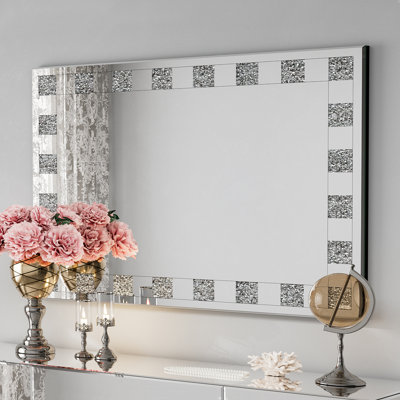 Large Decorative Wall Mirror, 35" X 27" Silver Crushed Diamond Mirror For Wall Decor With Checkered Pattern, Rectangle Wall Mirror For Living Room, Bathroom, Entryway And Bedroom