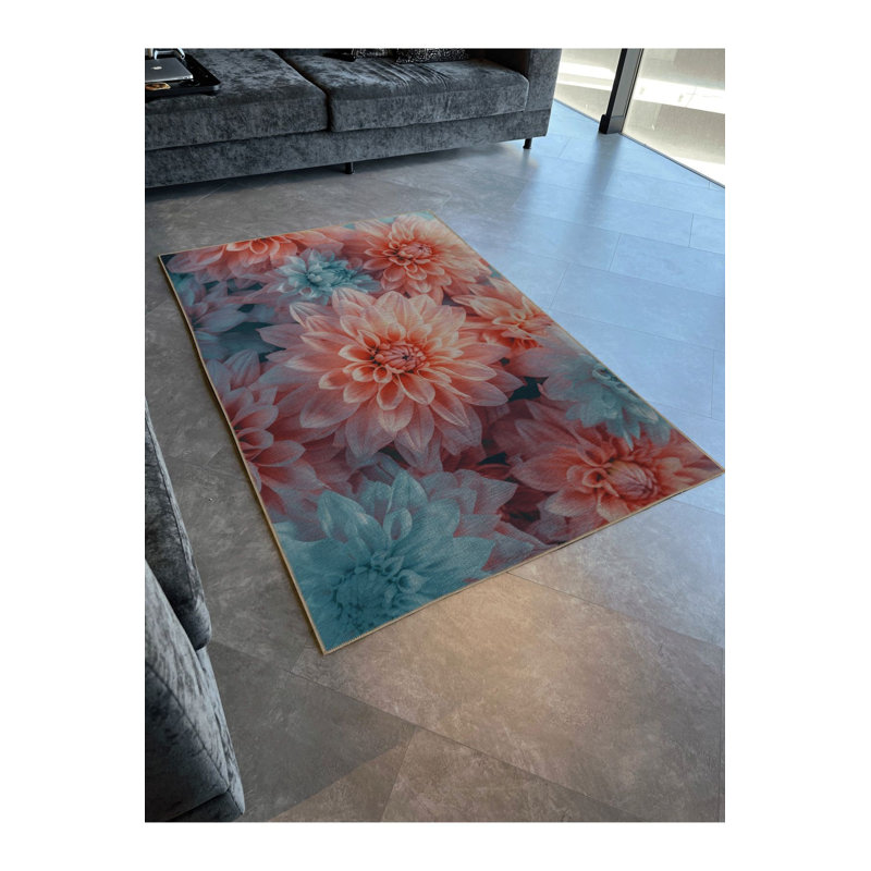 Tapis décoratif moderne bleu et rose lavable à la machine