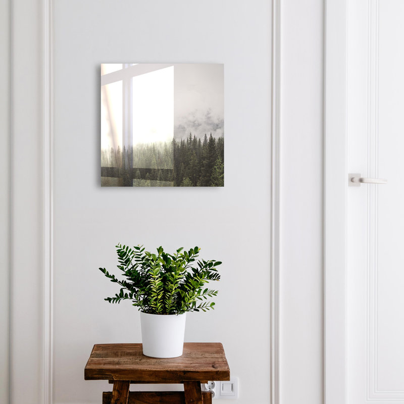Decorative key box for wall, Opens to the left, 30x30x5, Black, Fog over the pine forest highlighted with greenery, 
