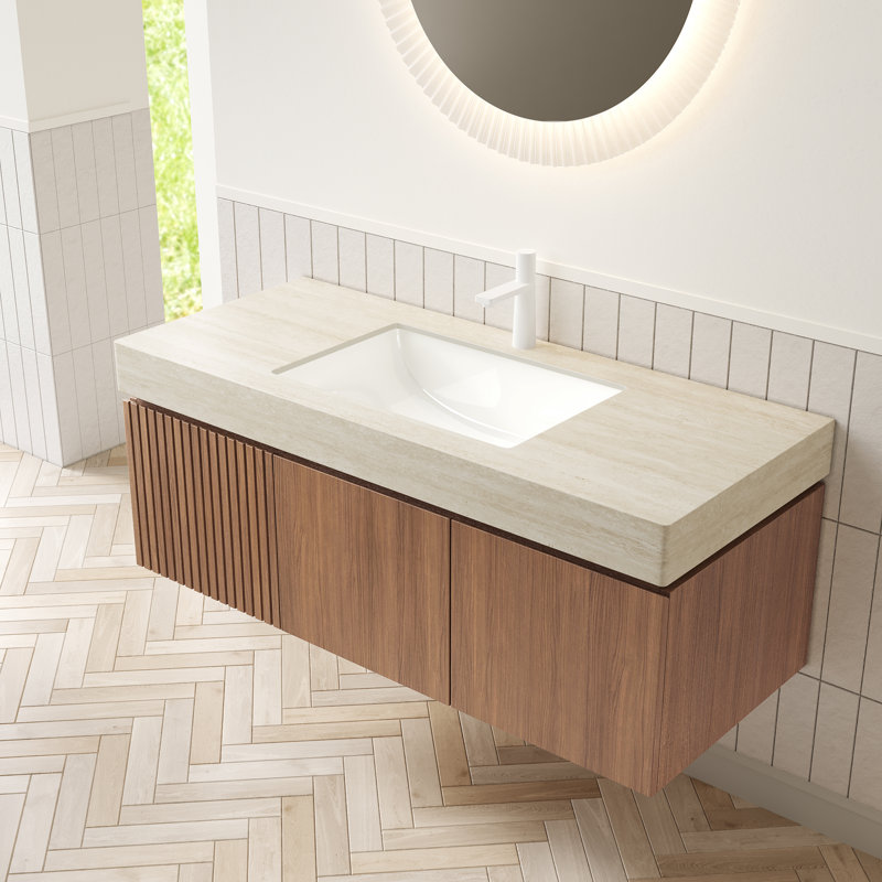 Plywood and Solid Wood Single Bathroom Vanity, 48", Brown Oak, Roma Travertine
