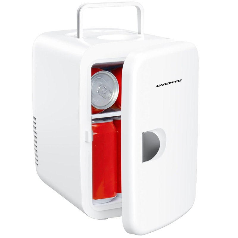 OVENTE Mini Fridge, 4L Capacity Fits 6 Can Beverages, Portable Personal Refrigerator and Small Cooler for Skin Care, Cosmetics or Food, Ideal for Bedroom, Home Office, Dorm and Car, White RF04W