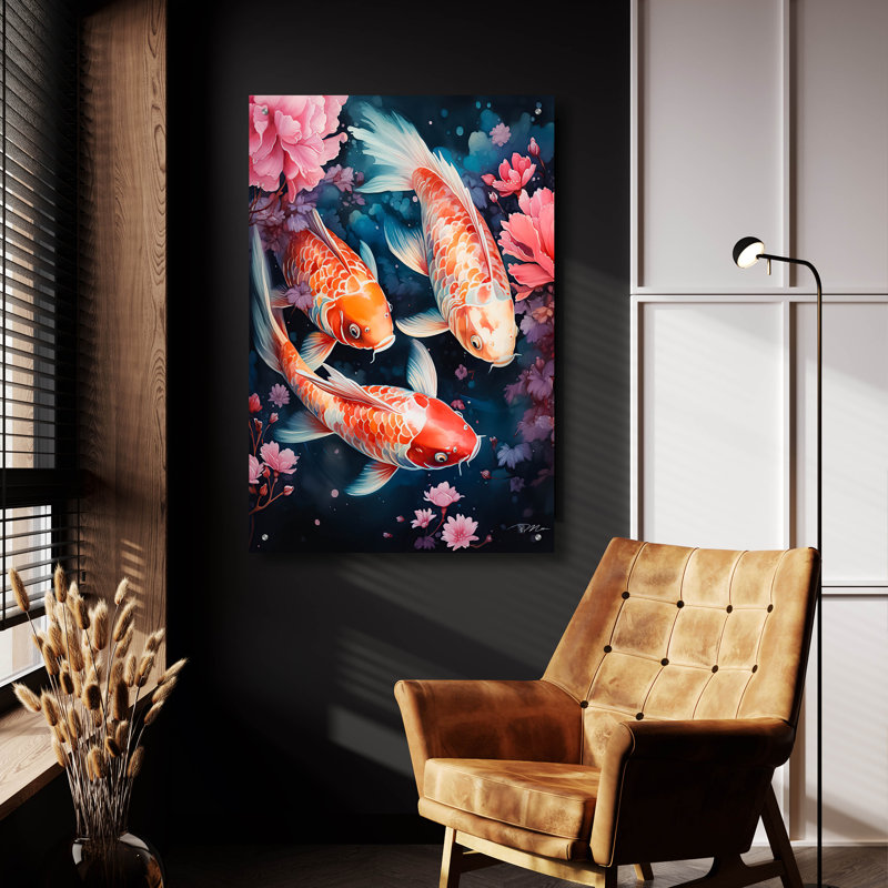 Art mural en verre Koi Carp and Peach Flowers par Momart, H 36 po x l 24 po x P 0,2 po