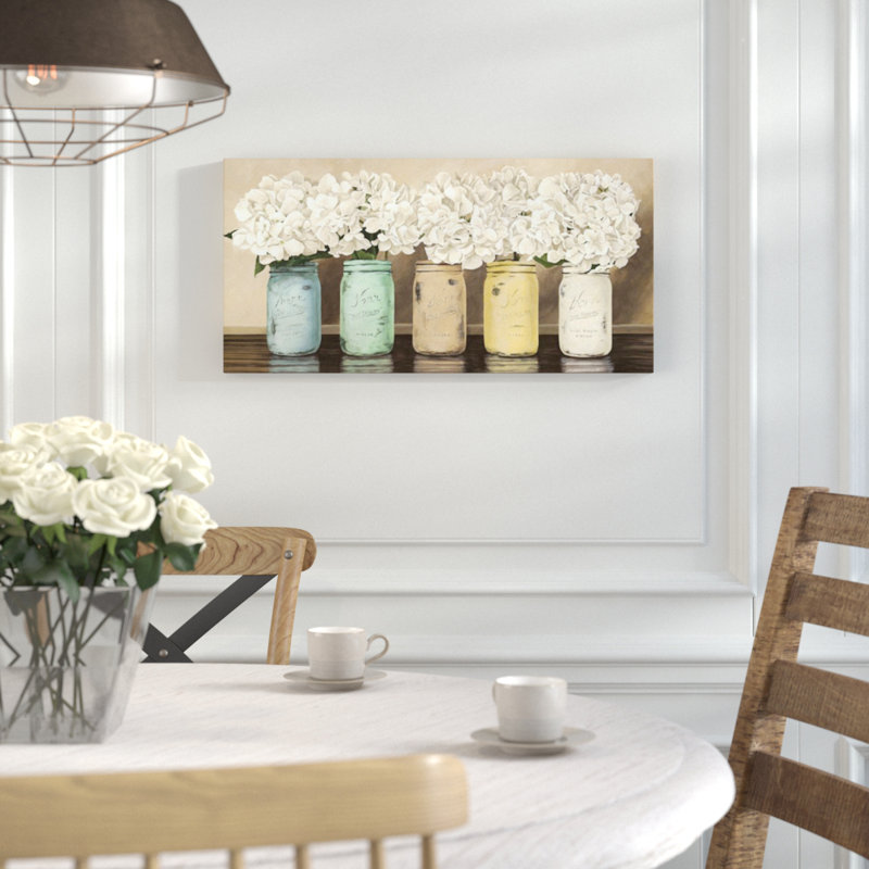 " Hydrangeas In Mason Jars " by Jenny Thomlinson, 12" x 24" x 1.5" D