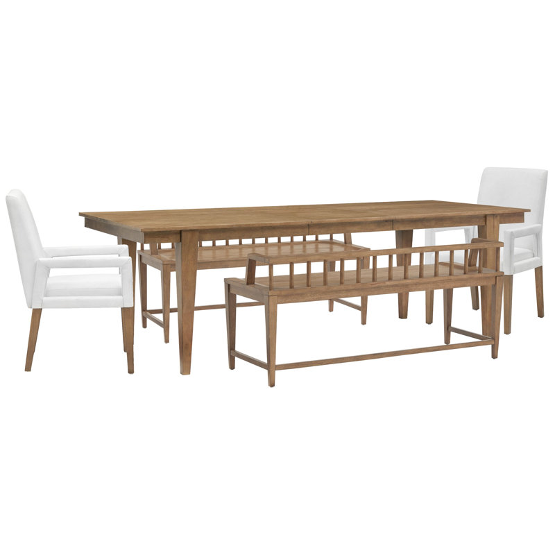 Extendable Rectangular Dining Table With 2 Arm Benches And 2 White Arm Chairs, 5 Pcs: Table, 2 Benches, 2 Chairs, White