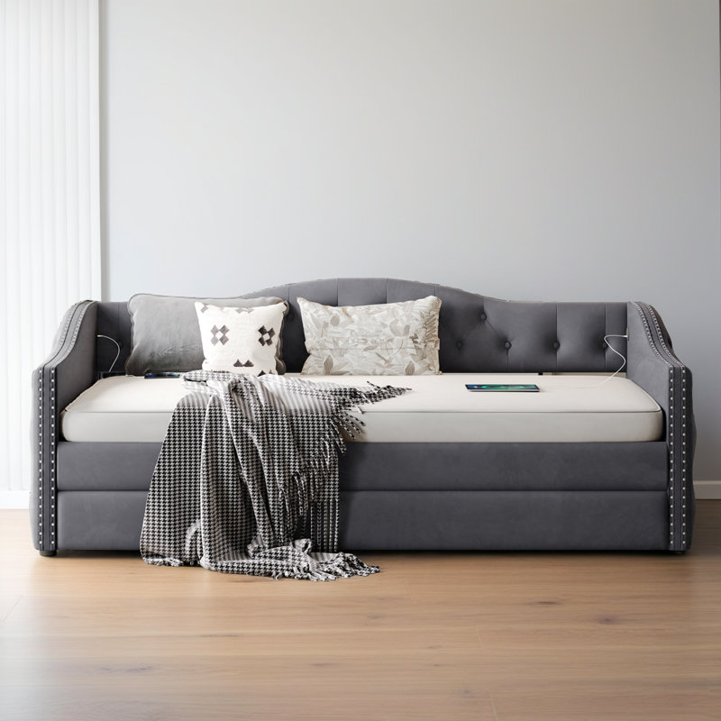 Twin Size Velvet Upholstered Daybed with Trundle - Gray Mid-Century Sofa Bed with USB Charging Port & Wood Slat Support, No Box Spring Needed (250 lb Capacity)